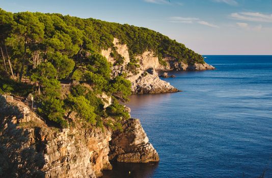 Cliff face with forest trees on a Mediterranean island with blue sea and sky
