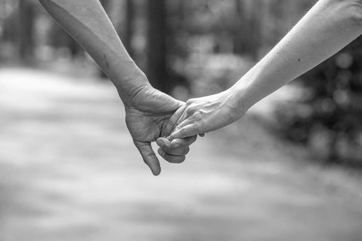 The husband's hand firmly holds the wife's hand close-up. Loving couple walking and holding hands. Reliable and strong marriage. The concept of romance, fidelity in marriage and love. Black and white