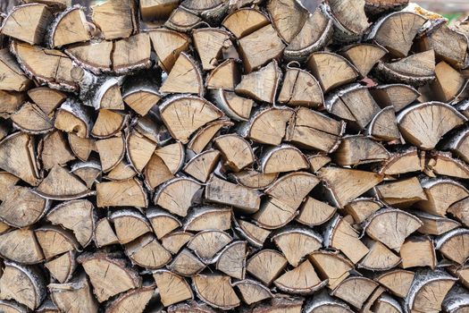 firewood background of chopped wood for kindling and heating the house Close-up. a woodpile with stacked firewood. the texture of the birch tree. banner