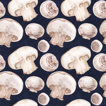 Watercolor seamless pattern with champignons on dark blue