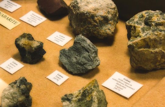 Collection of Galena stones on display as part of a geological mineral exhibit