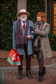 elderly couple on the background of a shop window