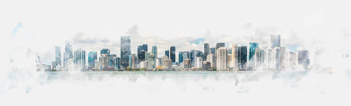 Digital watercolor painting of Miami skyline with many skyscrapers