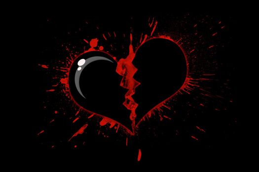 Illustration depicting a broken black heart in blood on a black background. The concept of separation, parting and unrequited love, as well as insensitivity