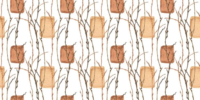 Botanical watercolor. Gold and branches. Wood seamless pattern for Christmas textile and web design