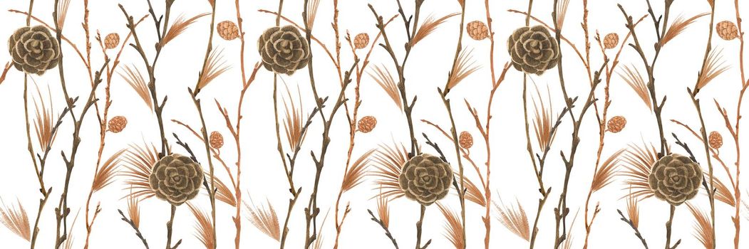 Botanical watercolor. Cones and branches. Wood seamless pattern for Christmas textile and web design