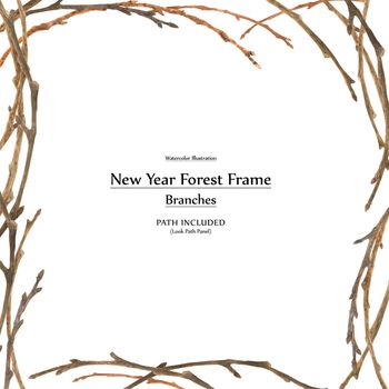 New year design by watercolor. Winter branches square frame. Isolated, path included