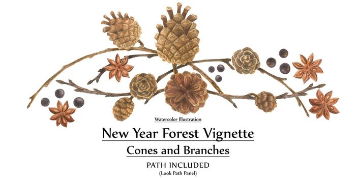 New year design by watercolor. Cones and branches forest vignette. Isolated, path included