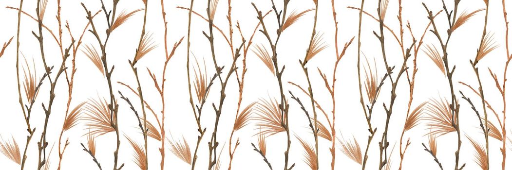 Botanical watercolor. Gold and branches. Wood seamless pattern for Christmas textile and web design