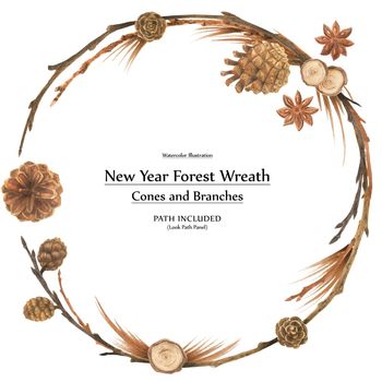 New year design by watercolor. Cones and branches wreath. isolated, path included