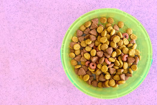 a round, deep dish or basin used for food or liquid. Green plastic bowl with cat dog tasty healthy food on a pink background