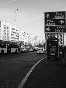 Car traffic, pollution, traffic jam city downtown Bucharest, Romania, 2022