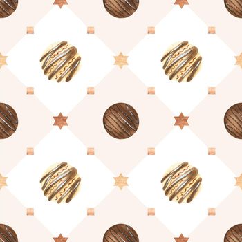 Sweet seamless pattern with candies and cream diamond. Watercolor illustration for any event decoration, white and beige background, path included