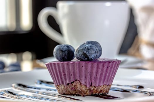 Delicious cake with blackberry-blueberry mousse. Closeup view.