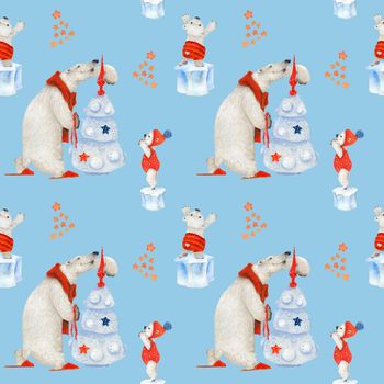 Polar bears decorating new year tree. Watercolor seamless patterns for textile, wrapping paper and any tiled design. Blue background, clipping path uncluded