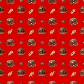 Sweet seamless pattern with chocolate candies. Watercolor illustration for any event decoration, red background, path included