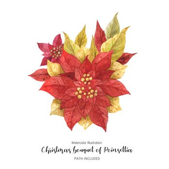 Poinsettia Christmas Floral Bouquet, watercolor hand-made illustration