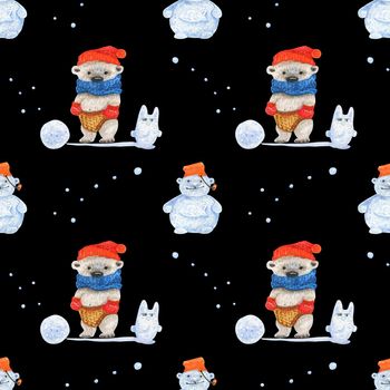 Little polar bear sculpt snowman. Watercolor seamless patterns for textile, wrapping paper and any tiled design. Black background, clipping path uncluded