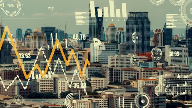 Business data analytic interface fly over smart city showing alteration future of business intelligence. Computer software and artificial intelligence are used to analyze big data for strategic plan .