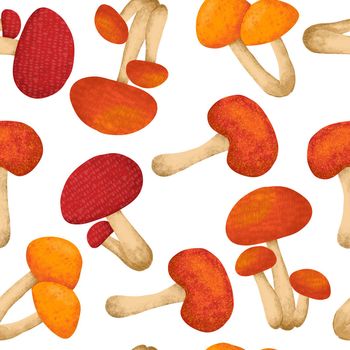 Hand drawn seamless pattern with fall autumn leaf leaves berry berries, maple oak acorn. Natural wild forest wood woodland background in red orange yellow. Vintage fabric print