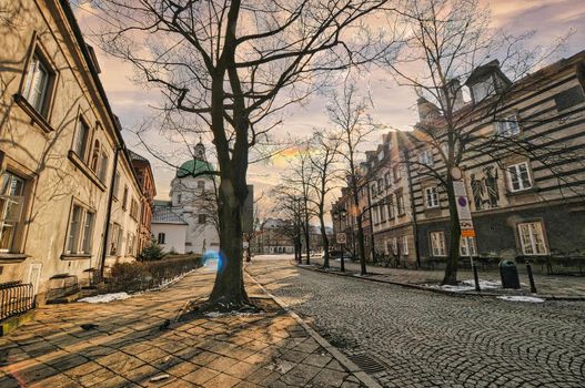 Road with stone in Warsaw city, the capital of Poland