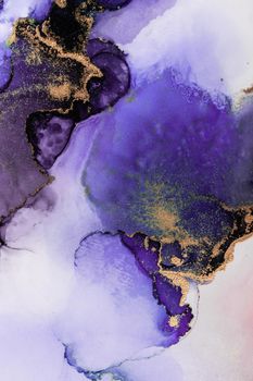 Purple gold abstract background of marble liquid ink art painting on paper . Image of original artwork watercolor alcohol ink paint on high quality paper texture .