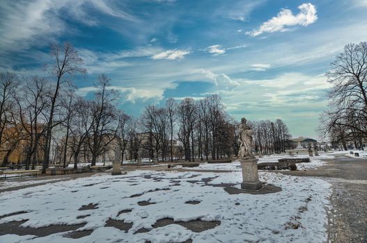 Park, garden in Warsaw of Poland with snow during the winter