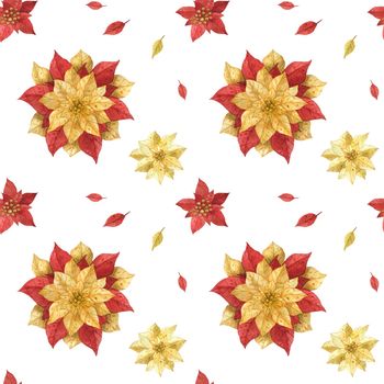 Christmas Red Gold Poinsettia, watercolor seamless pattern, white background, path included