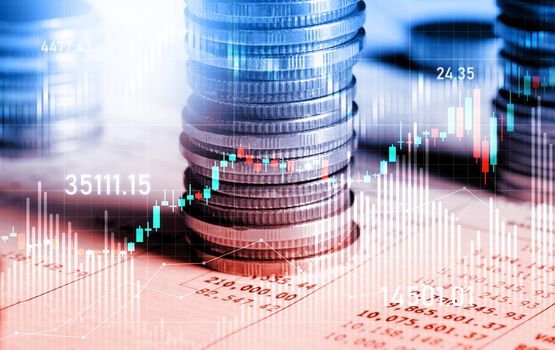 Finance and money technology background concept of business prosperity and asset management . Creative graphic show economy and financial growth by investment in valuable asset to gain wealth profit .