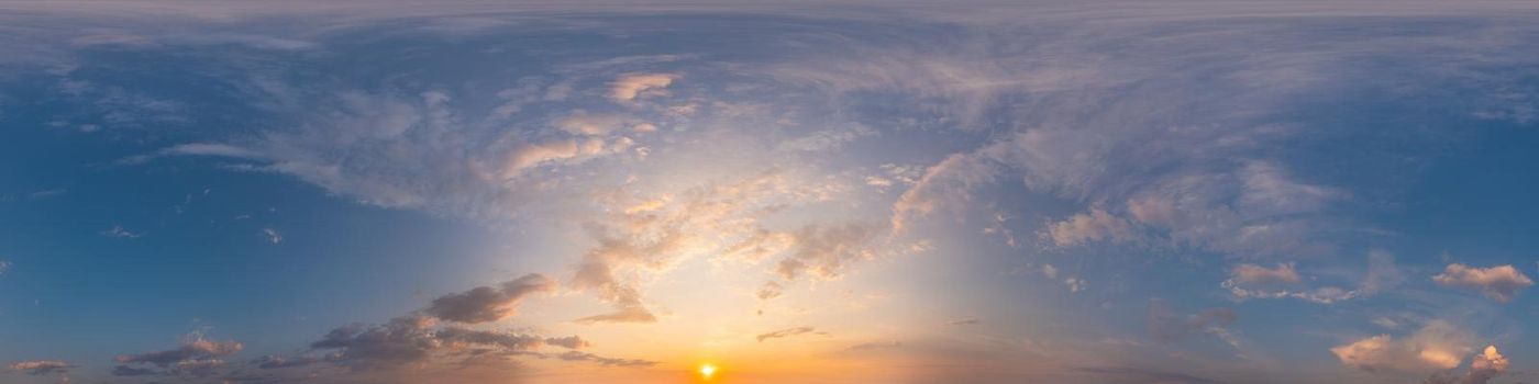 Dark blue sunset sky panorama with pink Cumulus clouds. Seamless hdr 360 pano in spherical equirectangular format. Full zenith for 3D visualization, game, sky replacement for aerial drone panoramas