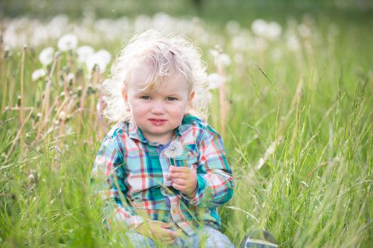 The holiday of childhood.Blond little boy with a dandelion. One year old baby is sitting in the grass. Child in the meadow