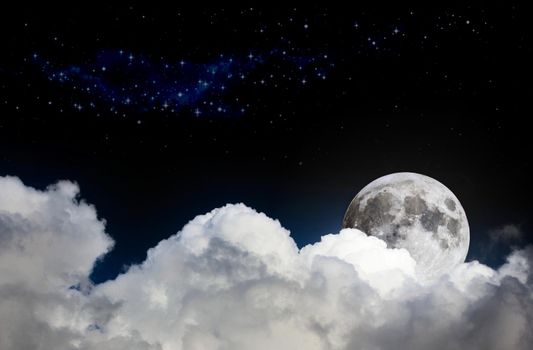 Night sky scene mock-up with white clouds, full moon and distant stars