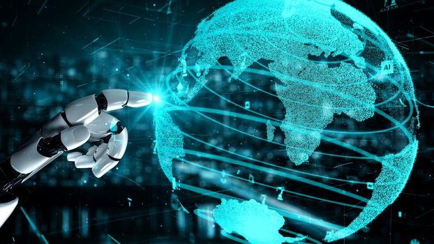 Futuristic robot artificial intelligence enlightening AI technology development and machine learning concept. Global robotic bionic science research for future of human life. 3D rendering graphic.