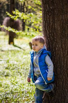 Portrait of a boy in a blue tank top in the woods in spring. Take a walk in the green park in the fresh air. The magical light from the sun's rays falls behind the boy. Spring