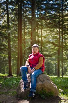 A young man in a sleeveless red jacket is sitting on a huge stone in a pine forest in spring. The magical light from the sun's rays falls behind the boy. Spring