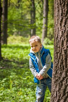Portrait of a boy in a blue tank top in the woods in spring. Take a walk in the green park in the fresh air. The magical light from the sun's rays falls behind the boy. Spring