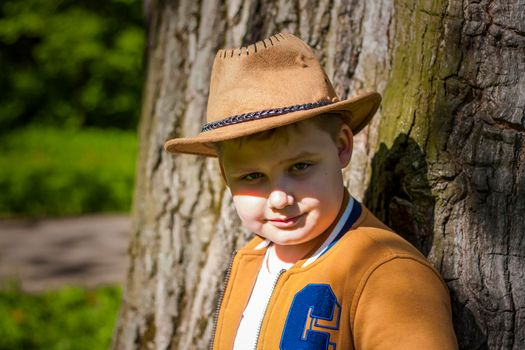 Cute boy posing in a cowboy hat in the woods by a tree. The sun's rays envelop the space. Interaction history for the book. Space for copying. Selective focus.