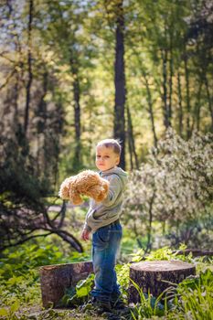 A cute boy is playing with a bear cub in the forest. The sun's rays envelop the space of the clearing with a stump. A magical story of interactions for the book. Space for copying. Selective focus.