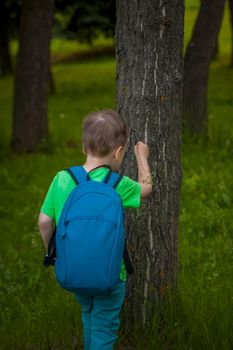 Portrait of a child, a boy against the background of plants in an open-air park. Children, Travel. Lifestyle in the city. Center, streets. Summer, a walk.