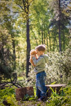 A cute boy is playing with a bear cub in the forest. The sun's rays envelop the space of the clearing with a stump. A magical story of interactions for the book. Space for copying. Selective focus.