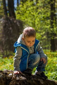 Portrait of a boy in a blue tank top in the woods in spring. Take a walk in the green park in the fresh air. The magical light from the sun's rays falls behind the boy. Spring