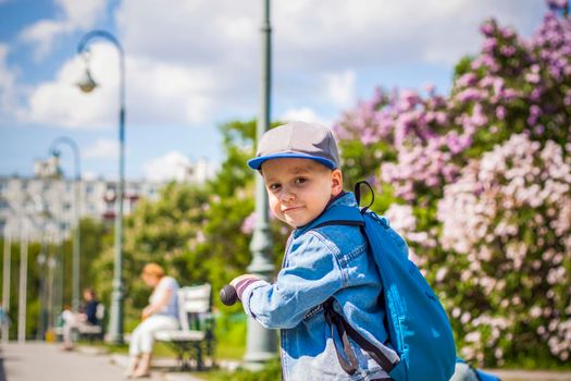 A boy in a baseball cap rides a scooter along a lilac alley .  Against the background of lilac bushes. Interactions. Selective focus. Spring