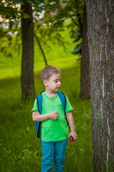 Portrait of a child, a boy against the background of plants in an open-air park. Children, Travel. Lifestyle in the city. Center, streets. Summer, a walk.