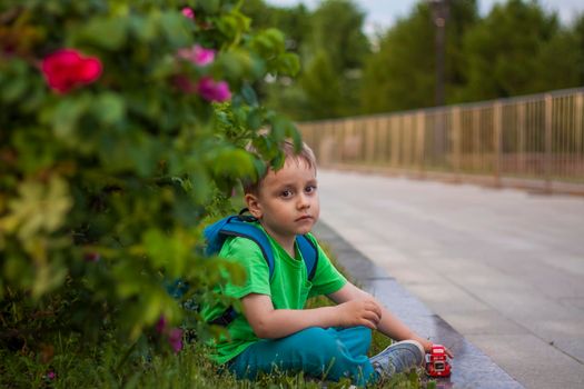 Portrait of a child, a boy against the background of plants in an open-air park. Children, Travel. Lifestyle in the city. Center, streets. Summer, a walk.