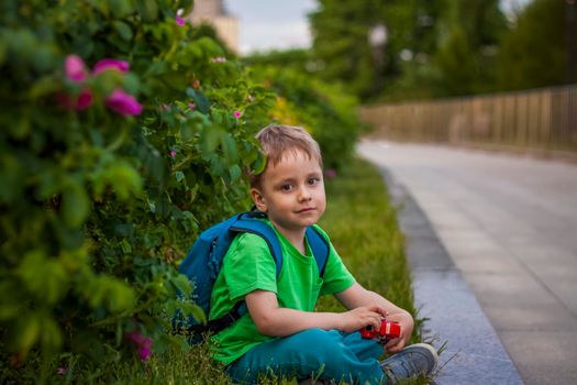 Portrait of a child, a boy against the background of plants in an open-air park. Children, Travel. Lifestyle in the city. Center, streets. Summer, a walk.