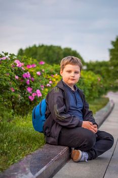 Portrait of a child, a boy against the background of plants in an open-air park. Children, Travel. Lifestyle in the city. Center, streets. Summer, a walk.