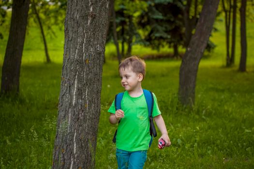 Portrait of a child, a boy against the background of plants in an open-air park. Children, Travel. Lifestyle in the city. Center, streets. Summer, a walk.