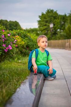 Portrait of a child, a boy against the background of plants in an open-air park. Children, Travel. Lifestyle in the city. Center, streets. Summer, a walk.