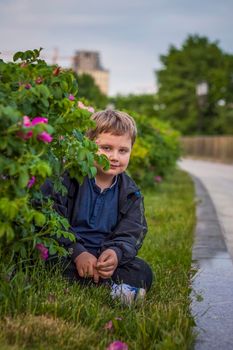 Portrait of a child, a boy against the background of plants in an open-air park. Children, Travel. Lifestyle in the city. Center, streets. Summer, a walk.