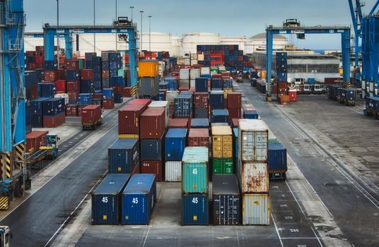 Birżebbuġa / Malta - May 25 2019: Cargo freight containers at the Freeport transhipment hub trade port